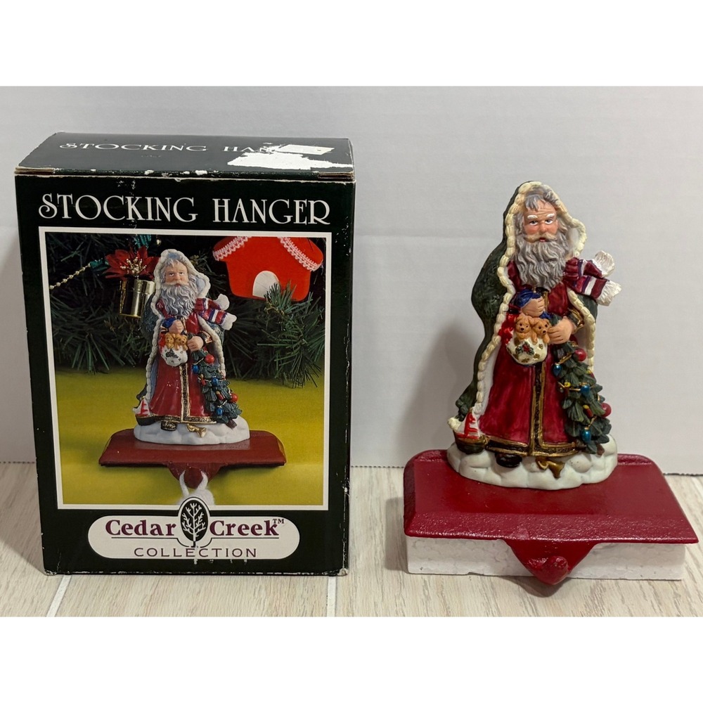 Cedar Creek Stocking Hanger Santa Claus Figurine Red Cast Iron Base Boxed